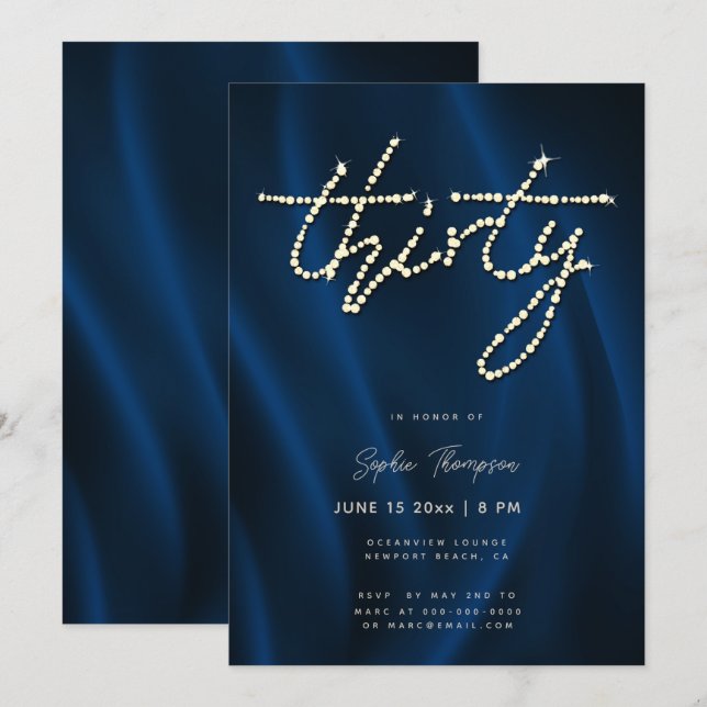 Invitation Royal Blue Satin Rhinestones Élégant 30e anniversa (Devant / Derrière)