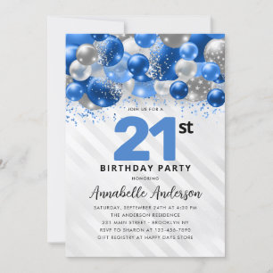 Invitation Royal Blue Silver Balloon Parties scintillant 21e 