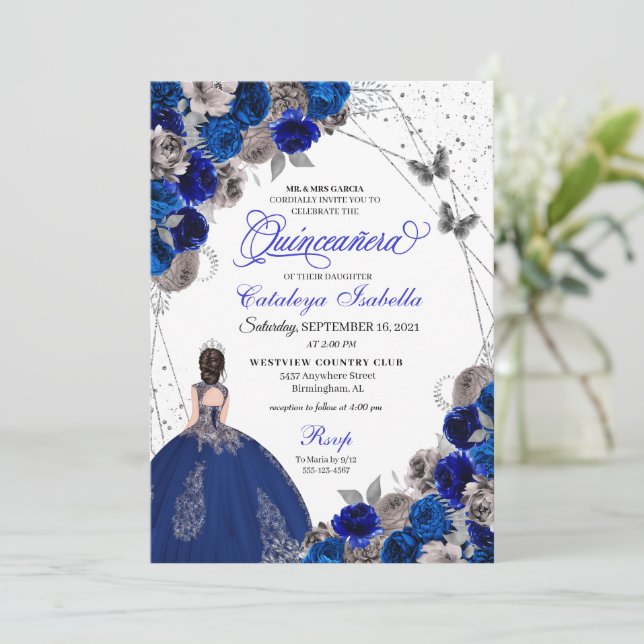 Invitation Royal Blue Silver Butterfly Princess Quinceanera (Debout devant)