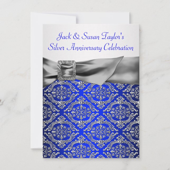 Invitation Royal Blue Silver Damask Argent 25e anniversaire (Devant)