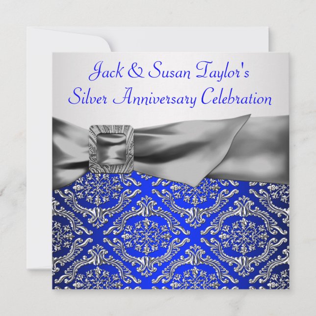Invitation Royal Blue Silver Damask Argent 25e anniversaire (Devant)
