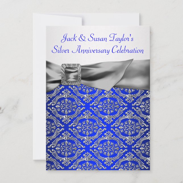 Invitation Royal Blue Silver Damask Argent 25e anniversaire (Devant)
