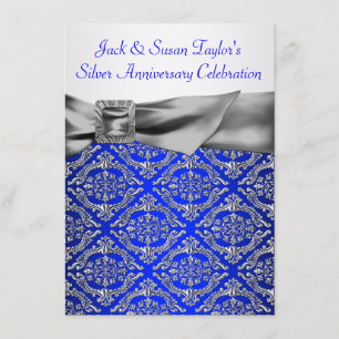 Invitation Royal Blue Silver Damask Argent 25e anniversaire