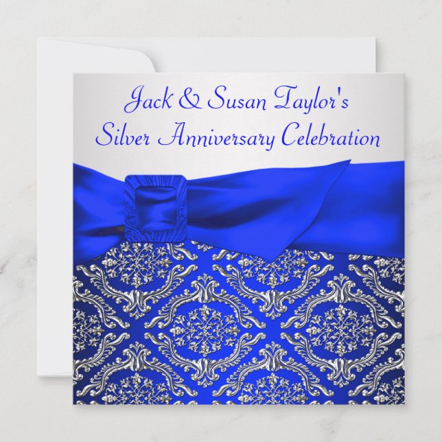 Invitation Royal Blue Silver Damask Argent 25e anniversaire (Devant)