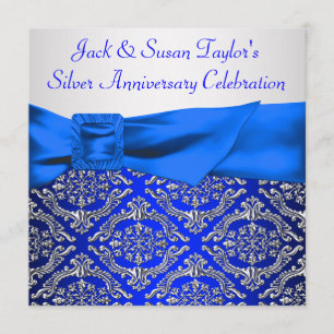 Invitation Royal Blue Silver Damask Argent 25e anniversaire