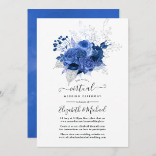 Invitation Royal Blue & Silver Floral Mariage virtuel en lign