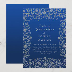 Invitation Royal Blue Silver Floral Quinceañera Sweet 15