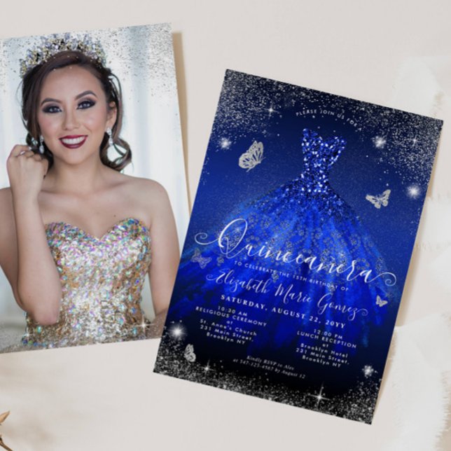 Invitation Royal Blue Silver Parties scintillant Gown Photo Q (Créateur téléchargé)