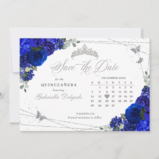 Invitation Royal Blue & Silver Quinceañera Enregistrer La Dat (Devant)