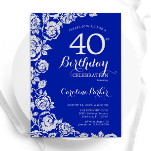 Invitation Royal Blue Silver Roses fête du 40e anniversaire