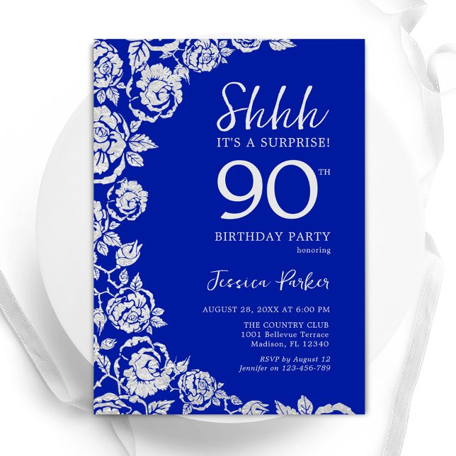 Invitation Royal Blue Silver Roses Surprise 90e anniversaire (Créateur téléchargé)