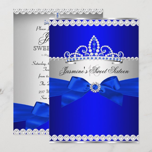 Invitation Royal Blue & Silver Sweet 16 fête d'anniversaire (Devant / Derrière)