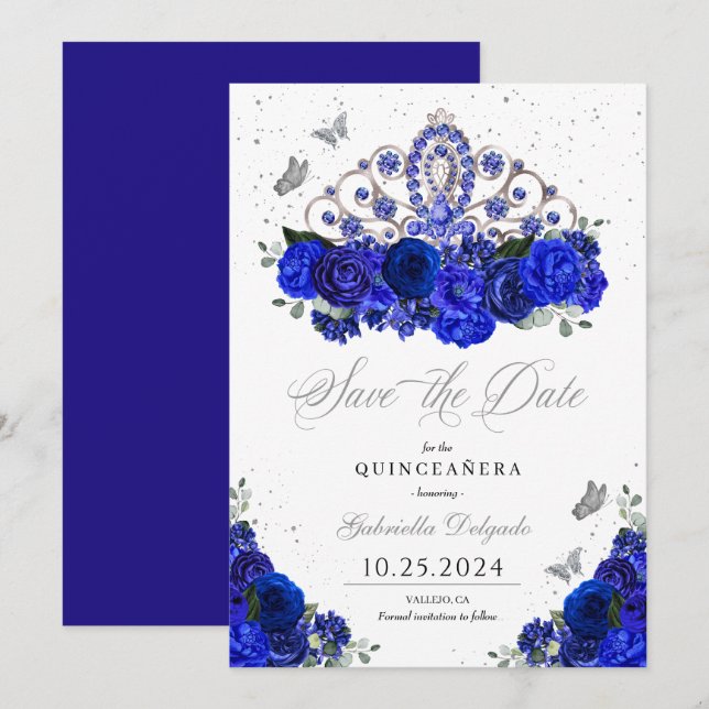 Invitation Royal Blue Silver Tiara Enregistrer La Date Quince (Devant / Derrière)
