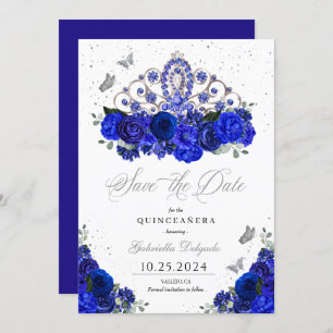 Invitation Royal Blue Silver Tiara Enregistrer La Date Quince