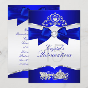 Invitation Royal Blue Silver Tiara Pearl Bow Quinceanera