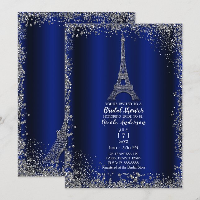 Invitation Royal Blue Silver Tour Eiffel Fête des mariées chi (Devant / Derrière)