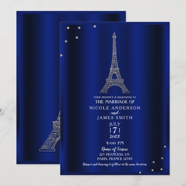 Invitation Royal Blue & Silver Tour Eiffel Paris Mariage (Devant / Derrière)