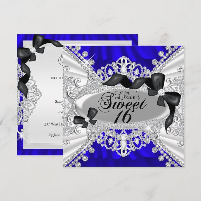 Invitation Royal Blue Sparkle Diamond & Bow Sweet 16 Invitati (Devant / Derrière)