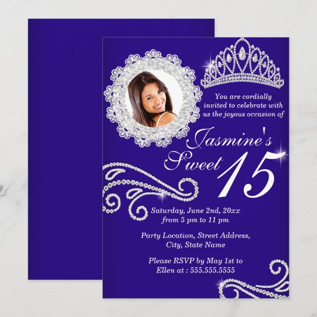 Invitation Royal Blue Sparkle Diamond Tiara Photo Quinceanera (Devant / Derrière)