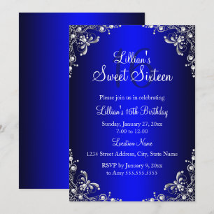 Invitation Royal Blue Sweet 16 Silver Pearl Damask