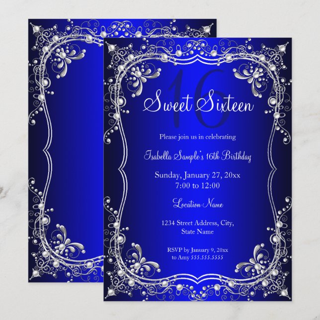 Invitation Royal Blue Sweet 16 Silver Pearl Damask fête (Devant / Derrière)