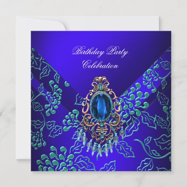 Invitation Royal Blue Turquoise Damask Floral fête d'annivers (Devant)