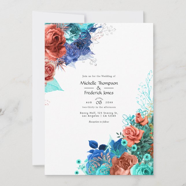 Invitation Royal Blue, Turquoise et Coral Floral Mariage (Devant)