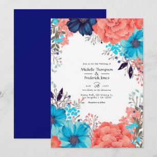 Invitation Royal Blue, Turquoise et Coral Floral Mariage