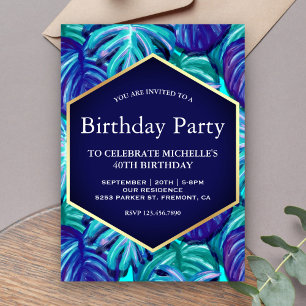 Invitation Royal Blue Turquoise Gold Foil Feuilles tropicaux 
