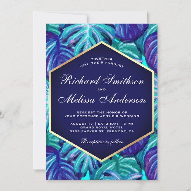 Invitation Royal Blue Turquoise Gold Foil Tropical Feuille Ma (Devant)