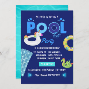 Invitation Royal Blue Unicorn et Dragon Pool fête d'anniversa