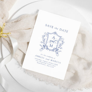 Invitation Royal Blue Vintage Crest Enregistrer la date