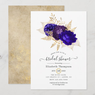 Invitation Royal Blue, violet et or Fête des mariées florale