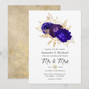 Invitation Royal Blue, violet et or Mariage Floral