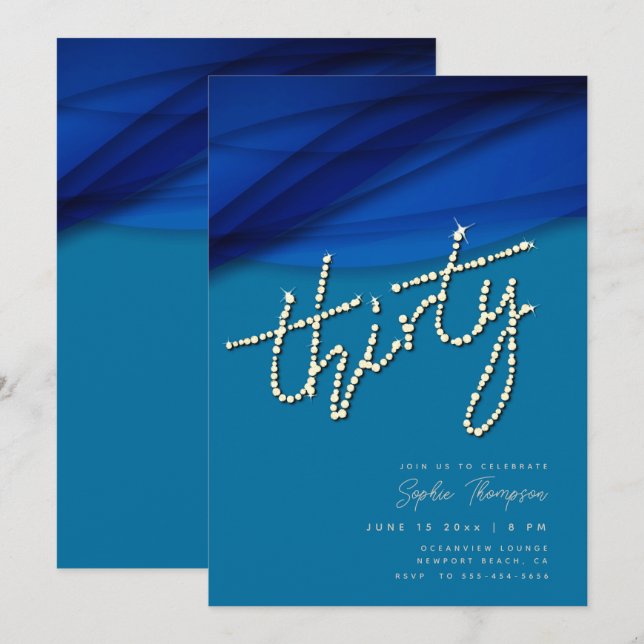 Invitation Royal Blue Voile Rhinestones Élégant 30e anniversa (Devant / Derrière)