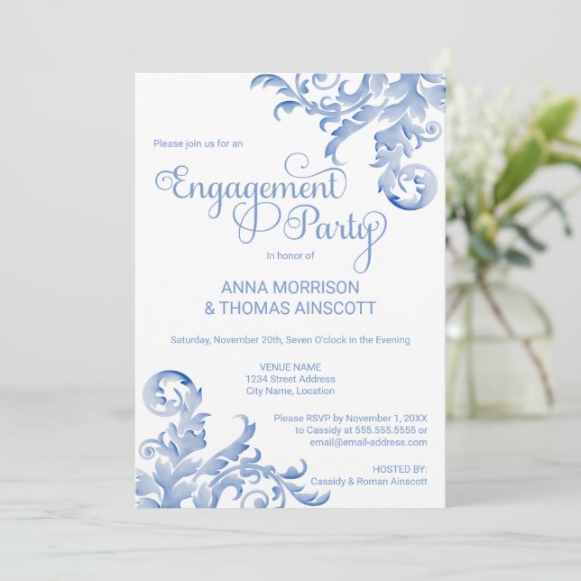Invitation Royal Blue Watercolor Fête de fiançailles (Debout devant)