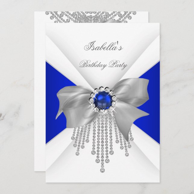 Invitation Royal Blue White Diamond Pearl fête d'anniversaire (Devant / Derrière)