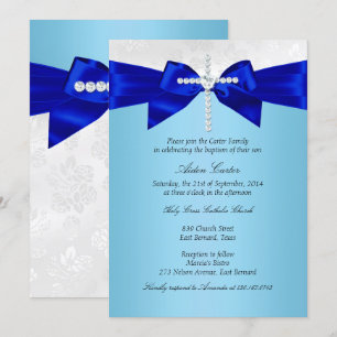 Invitation Royal Blue White Silver Cross Garçons Baptême