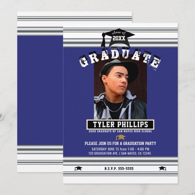 Invitation Royal Blue White Silver Graduation Photo Party (Devant / Derrière)