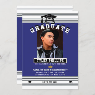 Invitation Royal Blue White Silver Graduation Photo Party 