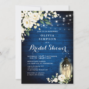 Invitation Royal Blue Wood Roses blanches Fête des mariées à 