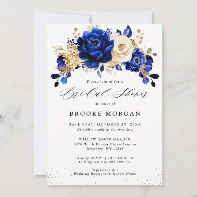 Invitation Royal Blue Yellow Gold Fête des mariées Florale (Devant)