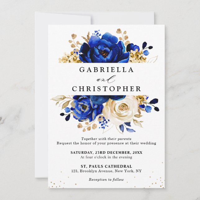 Invitation Royal Blue Yellow Gold Fête des mariées Florale (Devant)