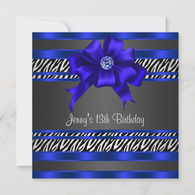 Invitation Royal Blue Zebra Girls 13e fête d'anniversaire (Devant)