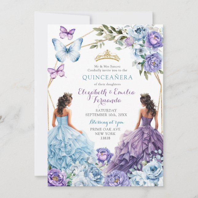 Invitation Royal Blush Blue violet géométrique Quinceañera (Devant)
