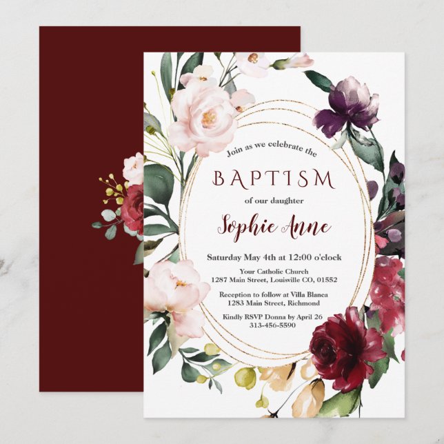 Invitation Royal Bourgogne Blush Flowers Gold Girl Baptême (Devant / Derrière)