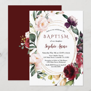 Invitation Royal Bourgogne Blush Flowers Gold Girl Baptême