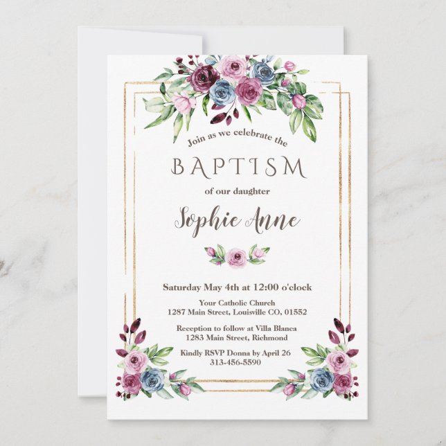 Invitation Royal Bourgogne Dusty Blue Flowers Girl Baptism (Devant)