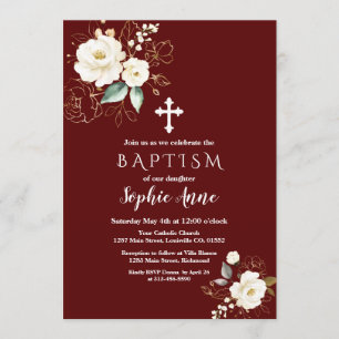 Invitation Royal Bourgogne Or Fleurs Blanches Fille Baptême