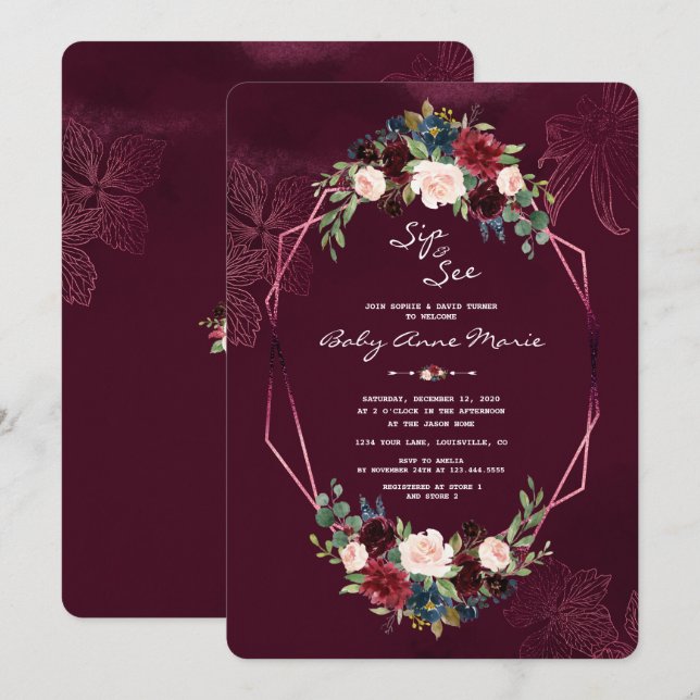 Invitation Royal Burgundy Blush Floral Sip & Voir Baby shower (Devant / Derrière)